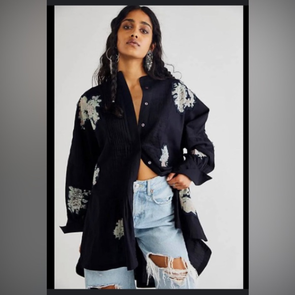 Free People Mari Floral Flower Applique Button Front Pullover Mini Dress Black
